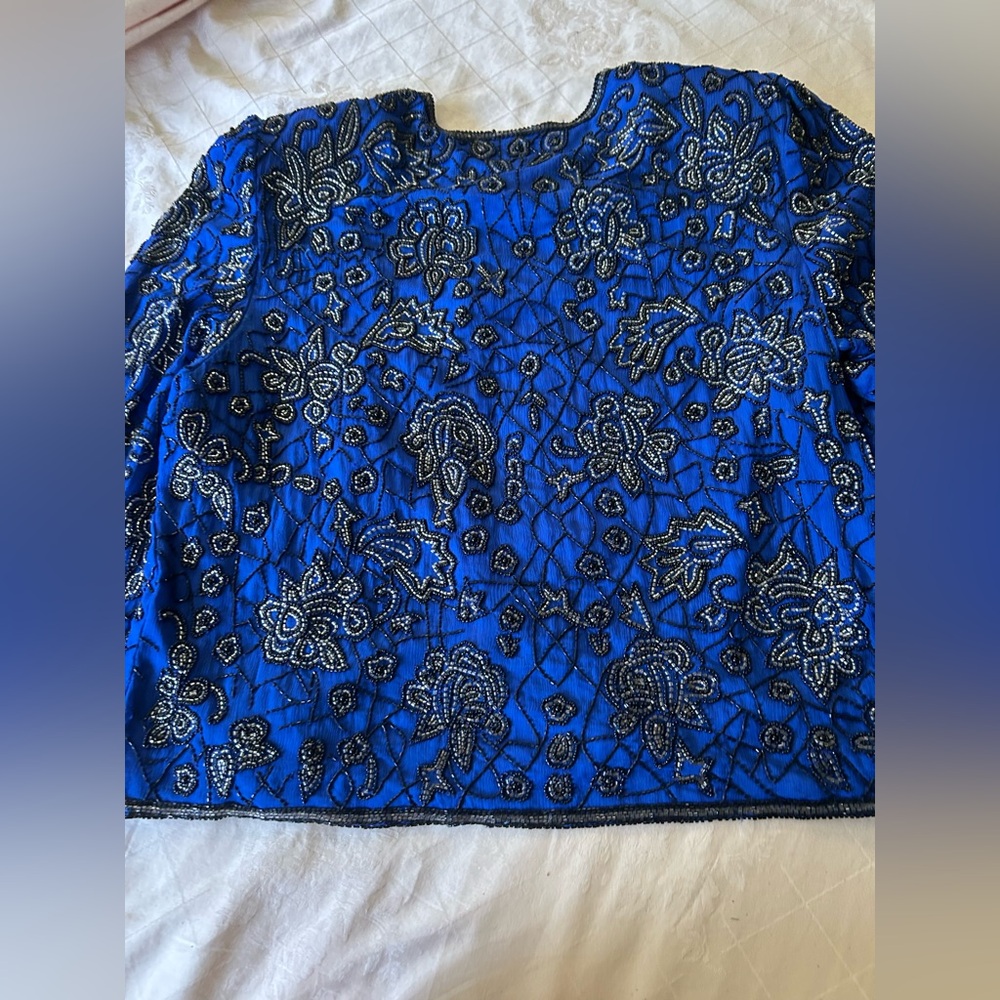 NWT Vintage 1980s Pappell Boutique blue beaded jacket size L. Cabbage Rose theme - Picture 16 of 16